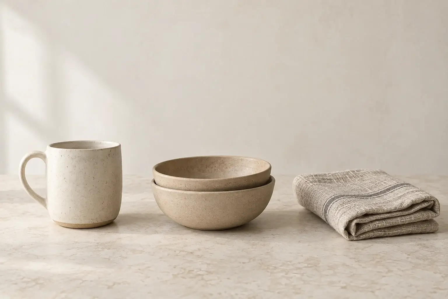 Illustrative ceramic mug, bowls, and linen for the store demonstration
